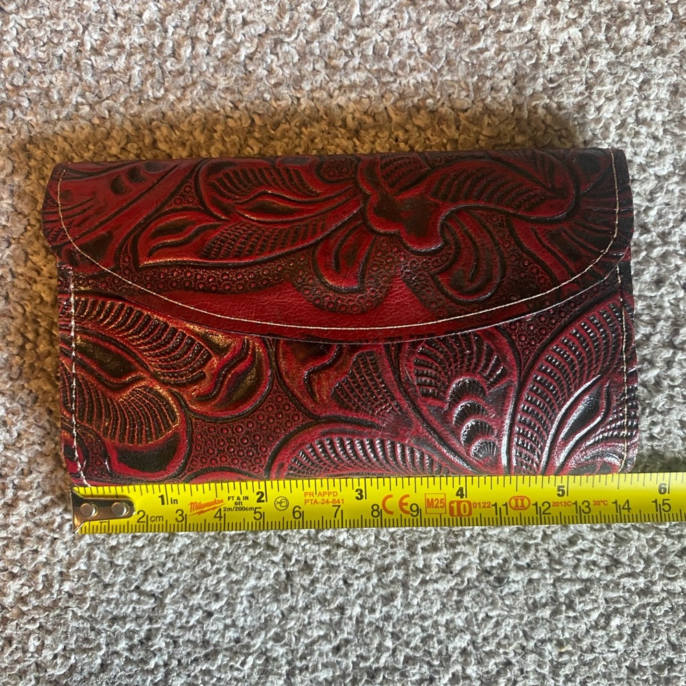 Red Tooled Leather Wallet Clutch - Women's Stylish Accessory